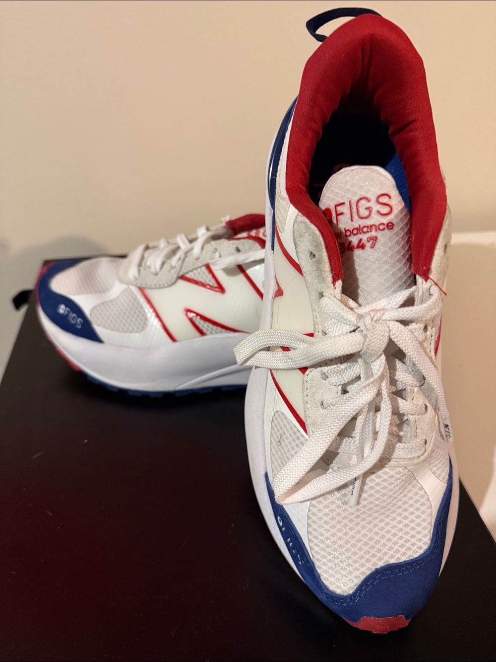 New Balance Kids White Red Blue Sneaker Pair